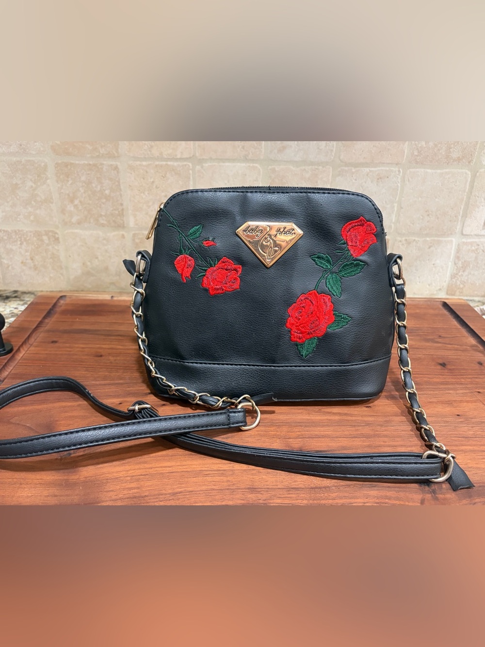 Vintage Y2K Baby Phat Black Crossbody with Red Rose Embroidery and Gold Accent